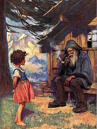 Illustration de Heidi et de son grand-père fumant la pipe devant le chalet